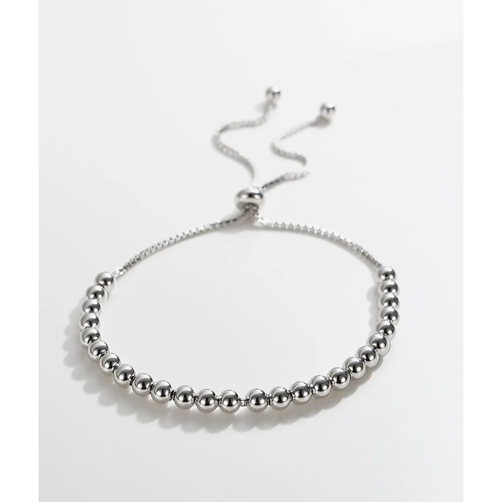 Handmade Strand Box Chain Round Beads Beaded 925 Sterling Silver Adjustable Bracelet for Women Fine Jewelry