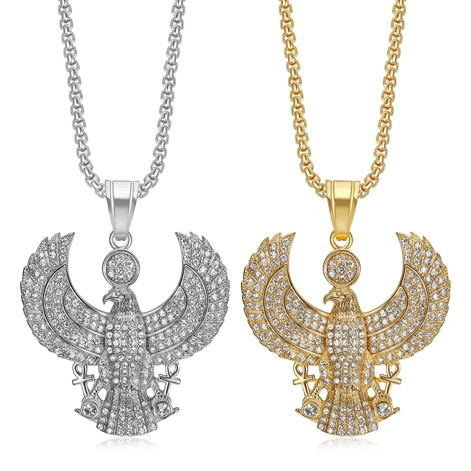 Hip Hop Ancient Egyptian Religious Stainless Steel Horus Eagle Pendant Necklace Gold Square Pearl Chain Zircon Jewelry