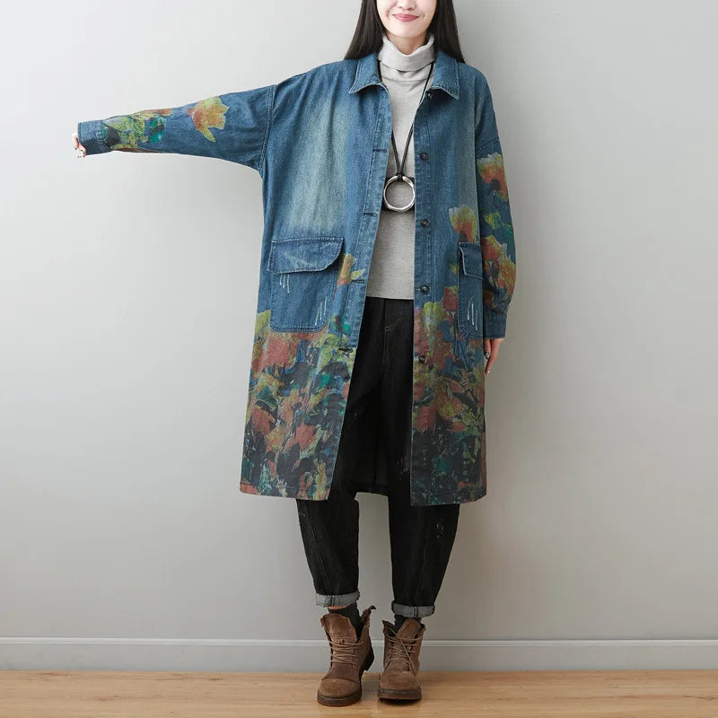 Wholesale 2026 Autumn New Large Size Washed Old Denim Print Mid Length Slim Cardigan Women's Coat