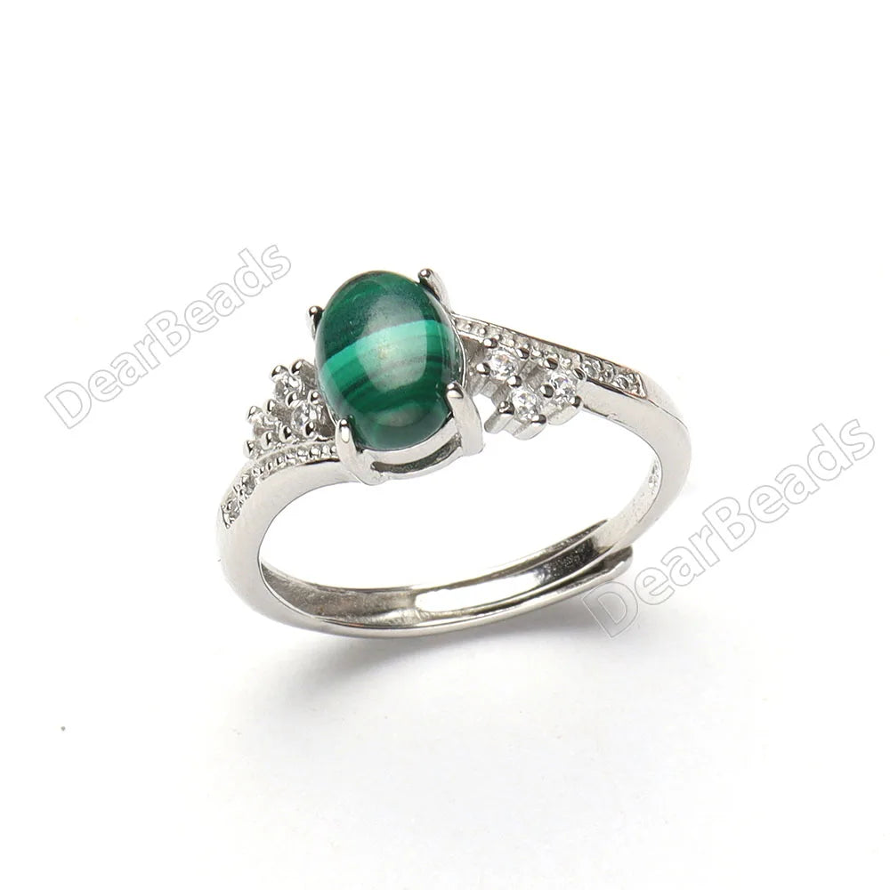 Natural Oval Green Malachite Adjustable Crystal Ring Resizable Genuine Gemstone Stone Rings