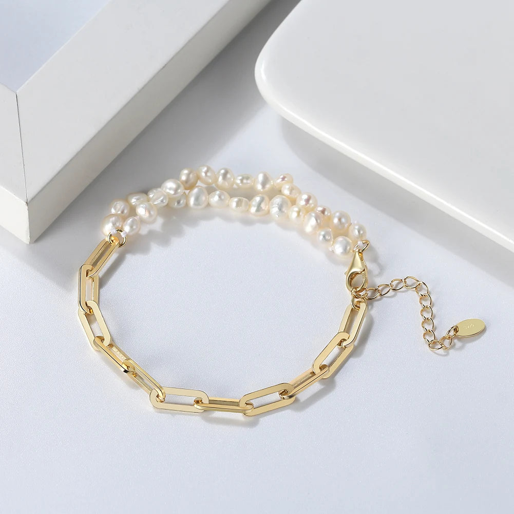RINNTIN GPB04 Handmade 925 Sterling Silver Paperclip Chains White Freshwater Cultured Pearl Double Strand Bracelet for Women