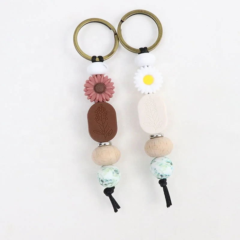 Daisy Flower Cartoon Handmade DIY Eco-Friendly Silicone Beaded Keychain Abacus Design Customizable Promotion Gift Bag