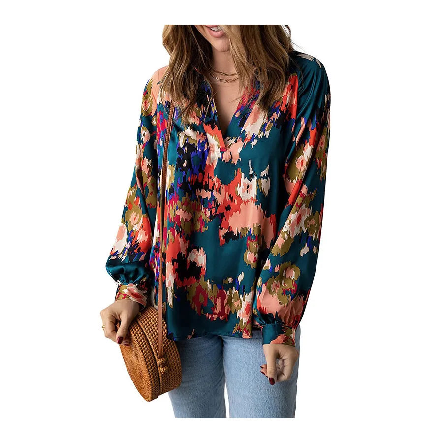 Women's Casual Long Sleeve V-neck Shoulder Blouse Tops Floral Print Solid Pattern Twill Plain Dyed Batwing Lantern Design Summer