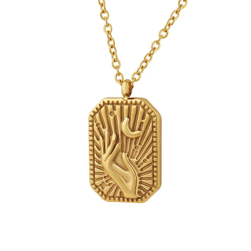 2023 18k Gold Plated Charm Stainless Steel Silver and Gold Square Embossed Gesture Moon Pendant Necklace for Lady Gift