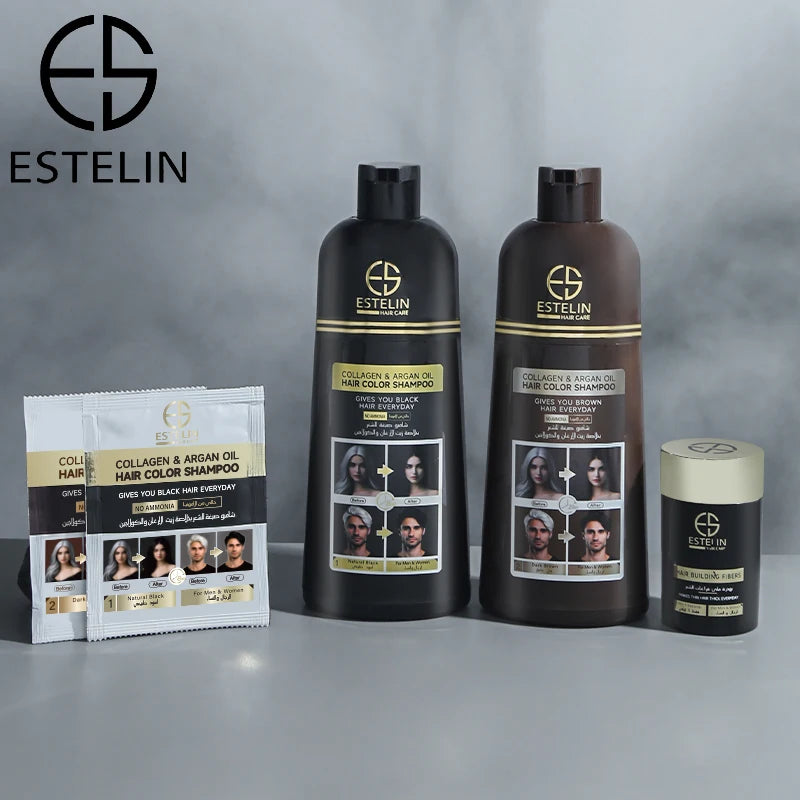 ESTELIN 400ml Fast Hair Dye Natural Black Collagen Argan Oil Hair Color Shampoo Refreshing and Nourishing Cream Form