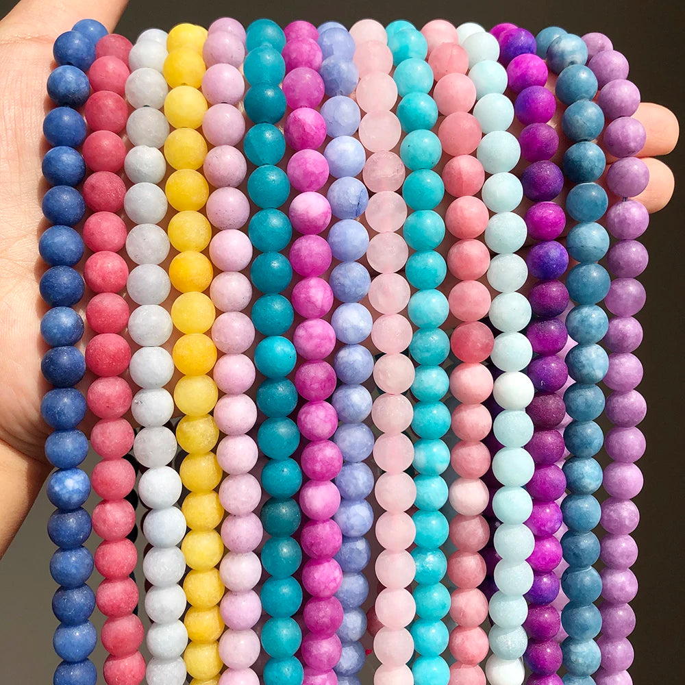 Wholesale 6/8/10MM Blue/Pink/Red Frosted Matte Dyeing Jade Chalcedony Stone Beads for Jewelry Making Diy