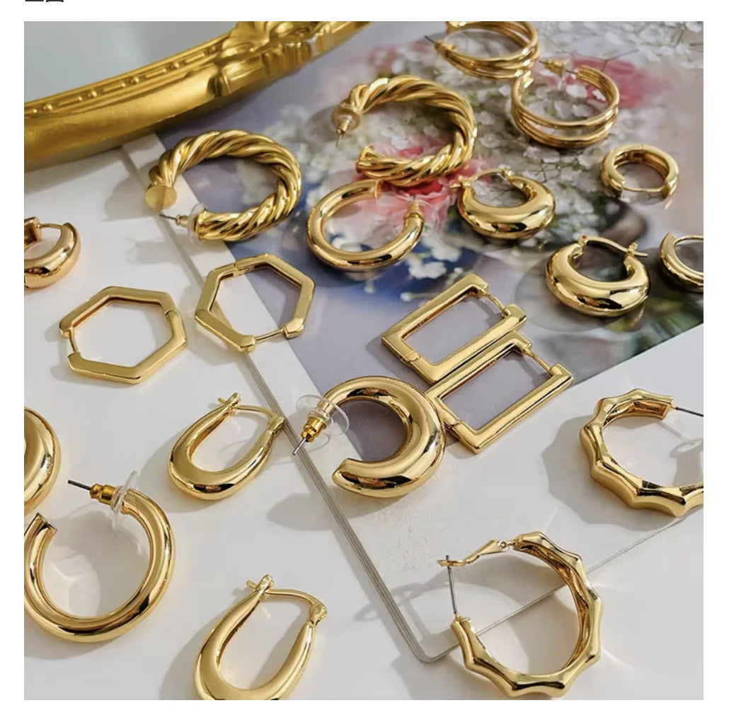 Stainless Steel Tarnish Free Geometric 18K Gold Plated Chunky Hoop Earrings Jewelry