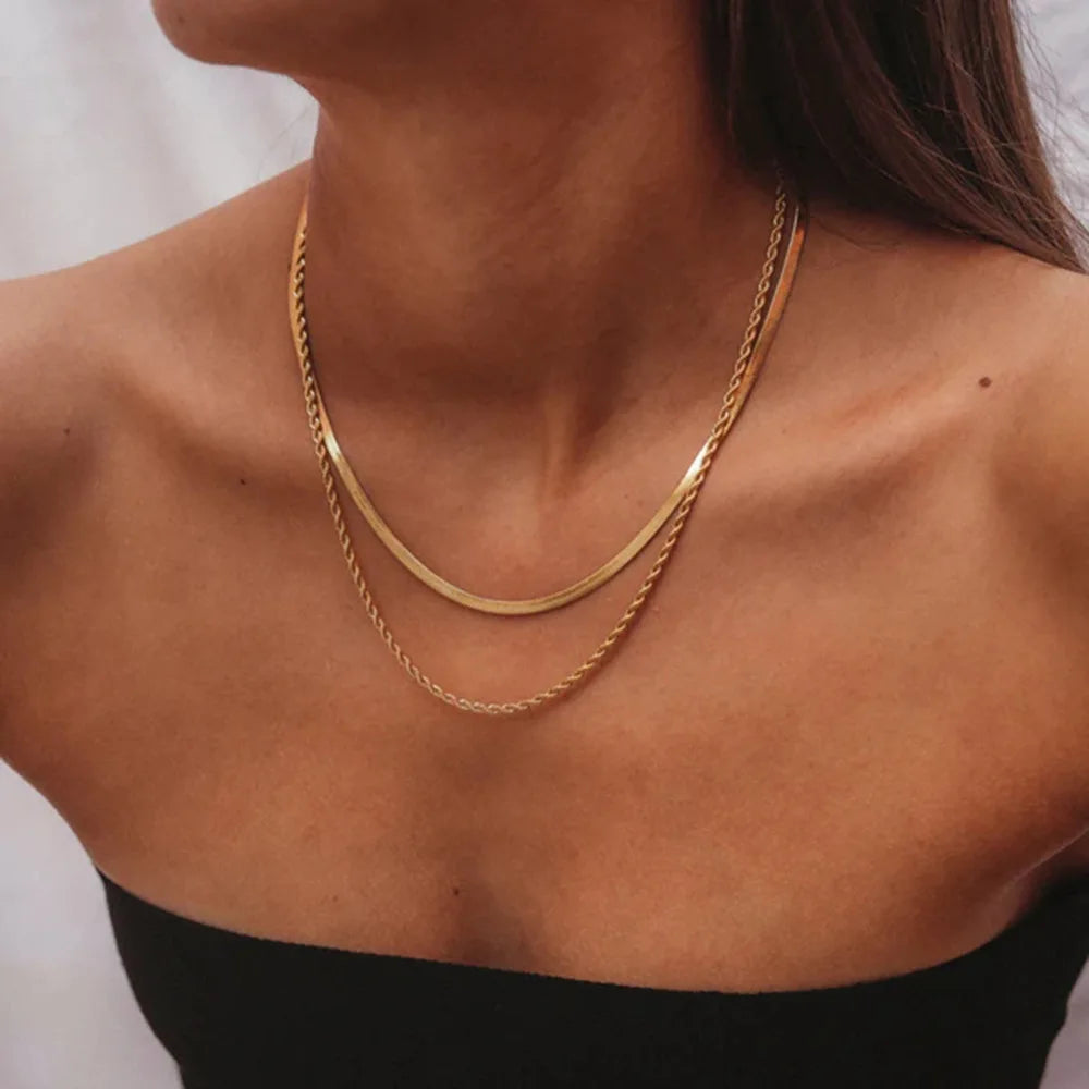 New Arrival Stacked Custom Chain Necklace Non Tarnish 18K Gold Plated Stainless Steel Herringbone Rope Chain Necklace