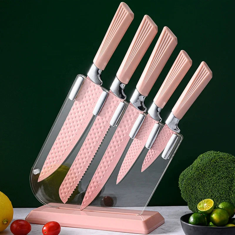 Factory Direct Sale Six-Piece Stainless Steel Kitchen Knife Set Ambidextrous Handles Durable Design Hexagonal Diamond Pattern