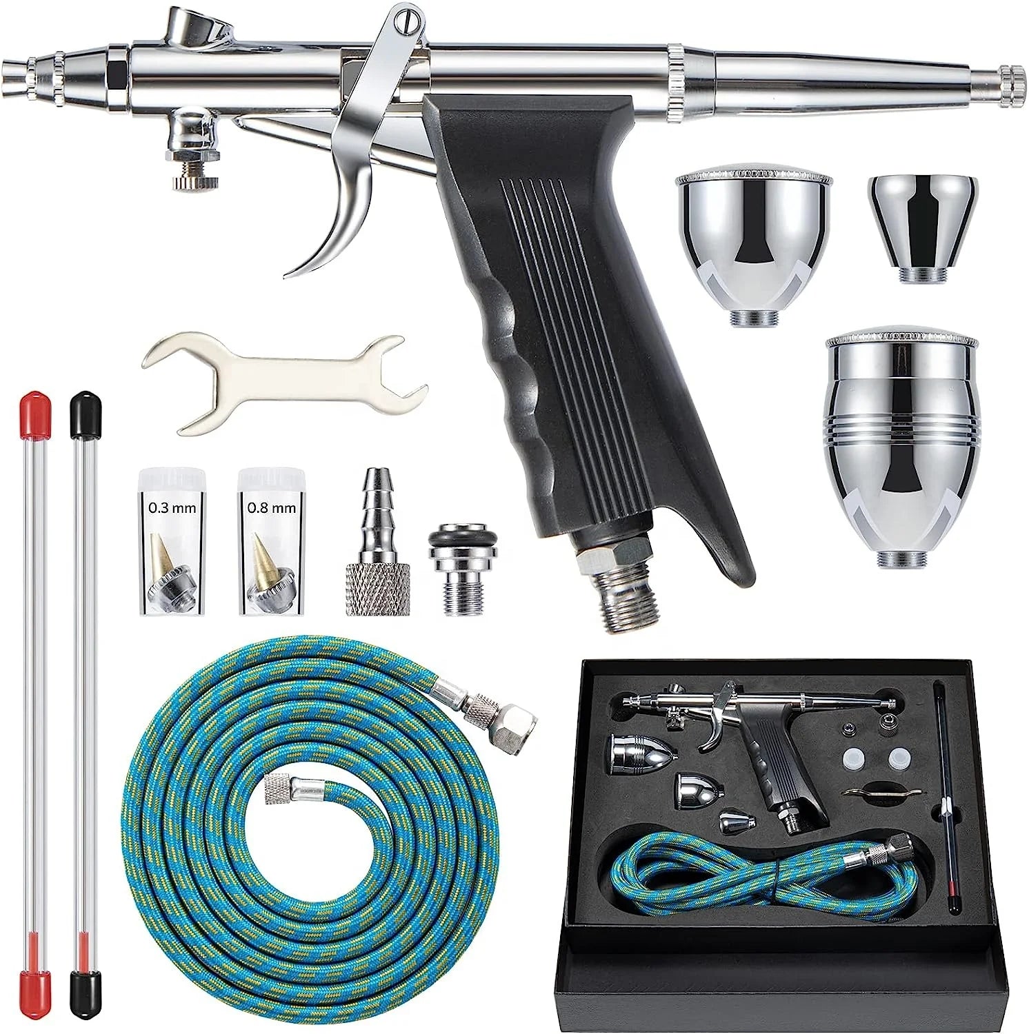 BT-166BK Professional Airbrush Painting Set Double-Action Trigger Airbrush Gun with 2cc 5cc 13cc Gravity Feed Paint Cups