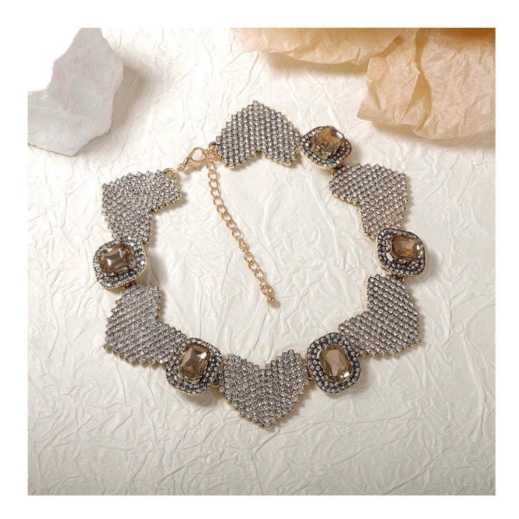Exquisite Light Luxury Shiny Rhinestone Heart Shaped Link Chain Necklace Lady's Wedding Banquet Party Jewelry