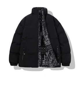 Mens Reversible Puffer Jacket Bandana Paisley Printed Puffy Jacket Plus Size Bubble Coat Utility Padded Jacket Coat for Man