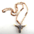 Fashion  Bohemian Jewelry Women Crystal Glass Bead Necklace Natural Gemstone Amazonite Pic jasper  Bull Horn Pendant Necklace