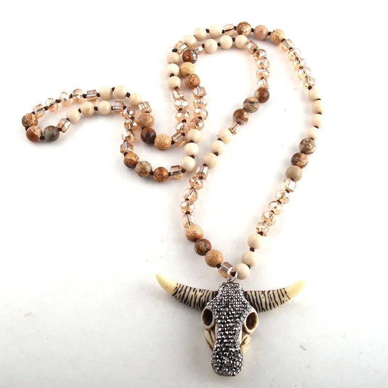 Fashion  Bohemian Jewelry Women Crystal Glass Bead Necklace Natural Gemstone Amazonite Pic jasper  Bull Horn Pendant Necklace