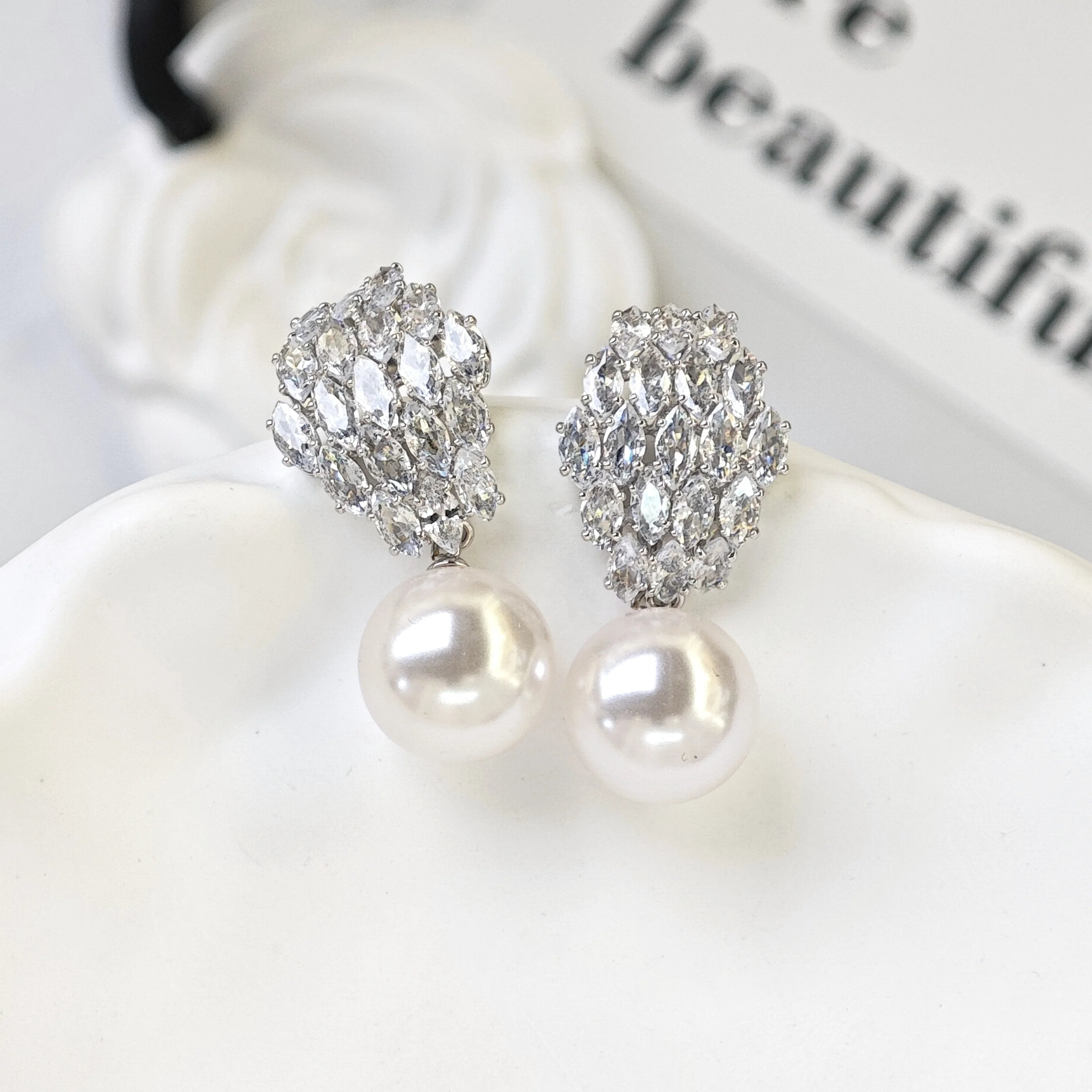 Ilona Silver Plated Copper Marquise Cut CZ Pearl Drop Earrings Cluster Crystal Statement Earrings Elegant Bridal Formal Jewelry