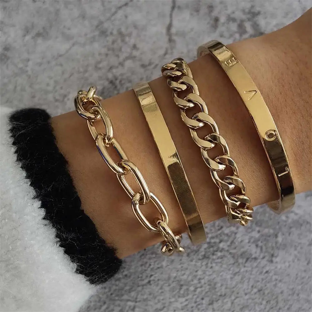 New Gold Plated Punk Heavy Metal Big Thick Chain Bracelet Set Women Retro Geometric Twist Chain Bangles Bracelet Fashion Jewelry