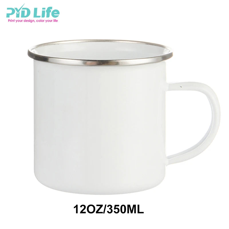 PYD Life RTS Hot Sale USA Free Sea Shipping DDP 12 oz Camping Sublimation Steel Enamel Mug with Stainless Rim
