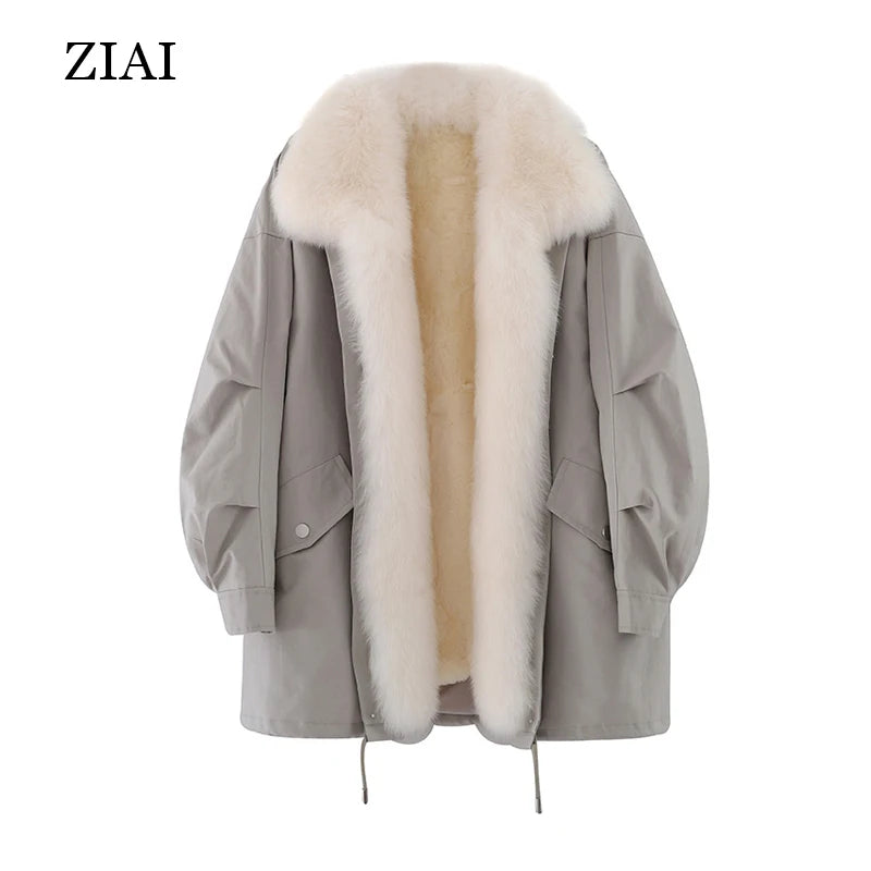 Parker Coat Women Rex Rabbit Fur Liner fox Fur Collar Drop Shoulder Sleeve Fur Coat Detachable