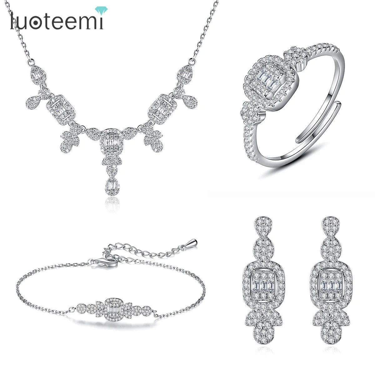 LUOTEEMI New Arrival Girl Necklace AAA Cubic Zirconia Woman Accessory Earring Earing American Diamond Bracelet Ring Jewelry Set