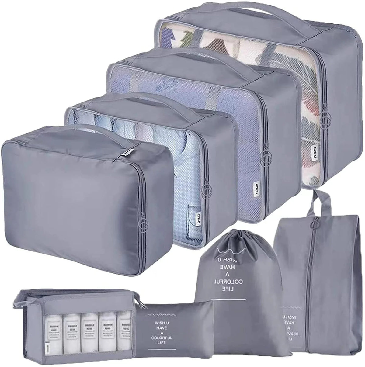 Polyester Packing Cubes for Travel Lightweight Suitcase Storage Multiple Sizes 8-Piece Set with Zipper Closure