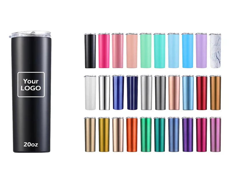 Custom logo 20oz Promotion Gift Vacuum Metal Mug Double Wall Coffee Cup Insulated Stainless Steel Skinny Tumbler with Lid Straw