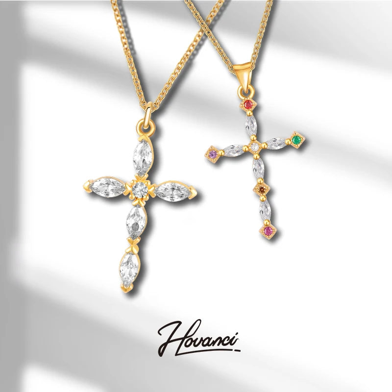 HOVANCI Stainless Steel 18k Gold Plated Cross Necklace Crystal Waterproof Micro Pave Zircon Necklaces