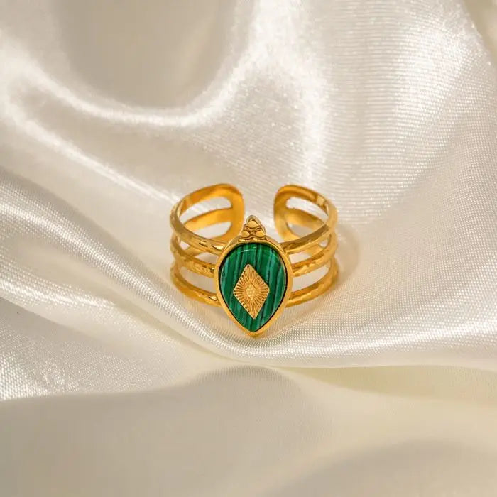 Fashion Jewelry Rings 18K Gold Plated Stainless Steel Natural Malachite Stones Rings Jewelry Women YRS088