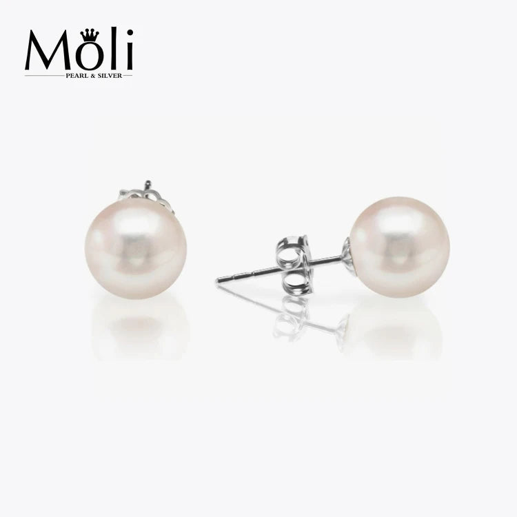 Classic Sterling Silver 7.5-8mm Freshwater Real Round Pearl Stud Earrings