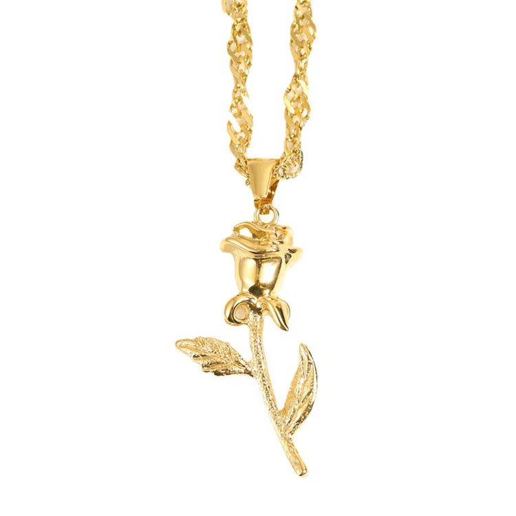 Vintage Stainless Steel Female Jewelry Rose Flower Pendant Necklace
