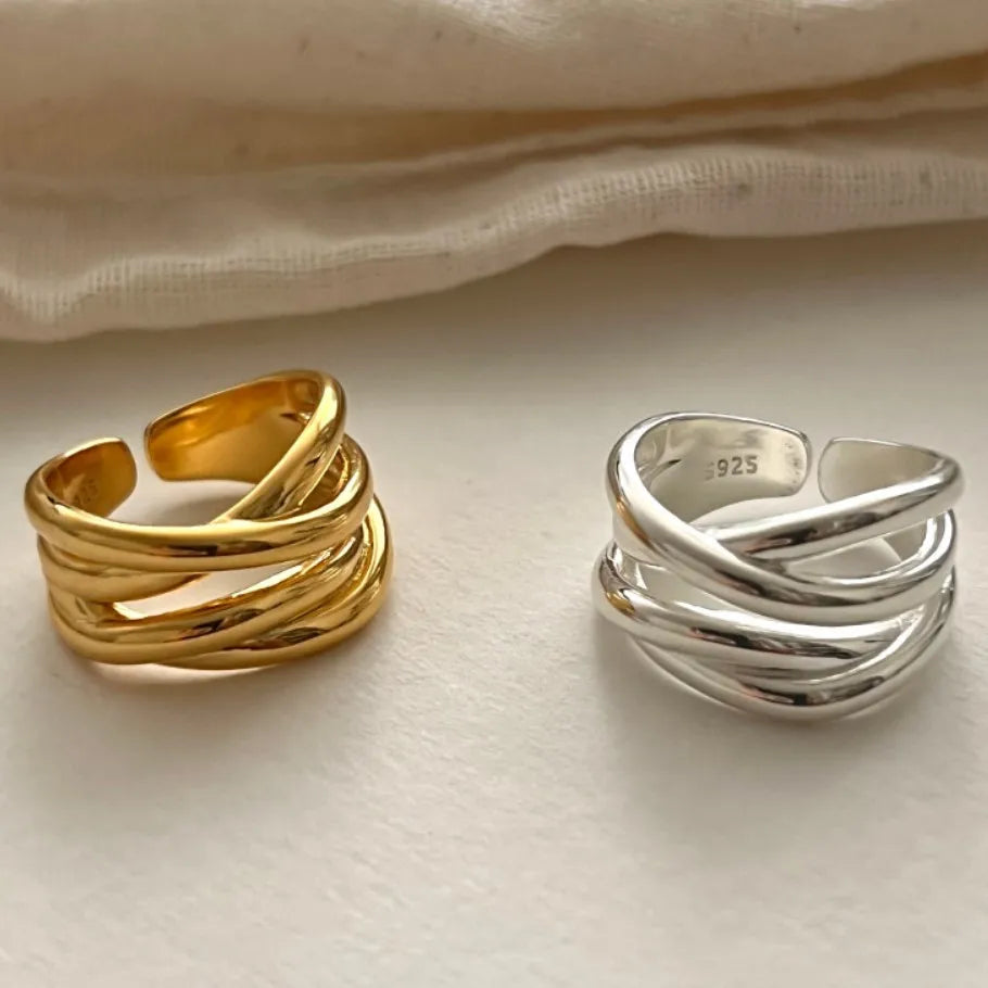 18K Gold Plated Double Line Ring 925 Sterling Silver Irregular Highlight Lines Cross Ring for Women Jewelry