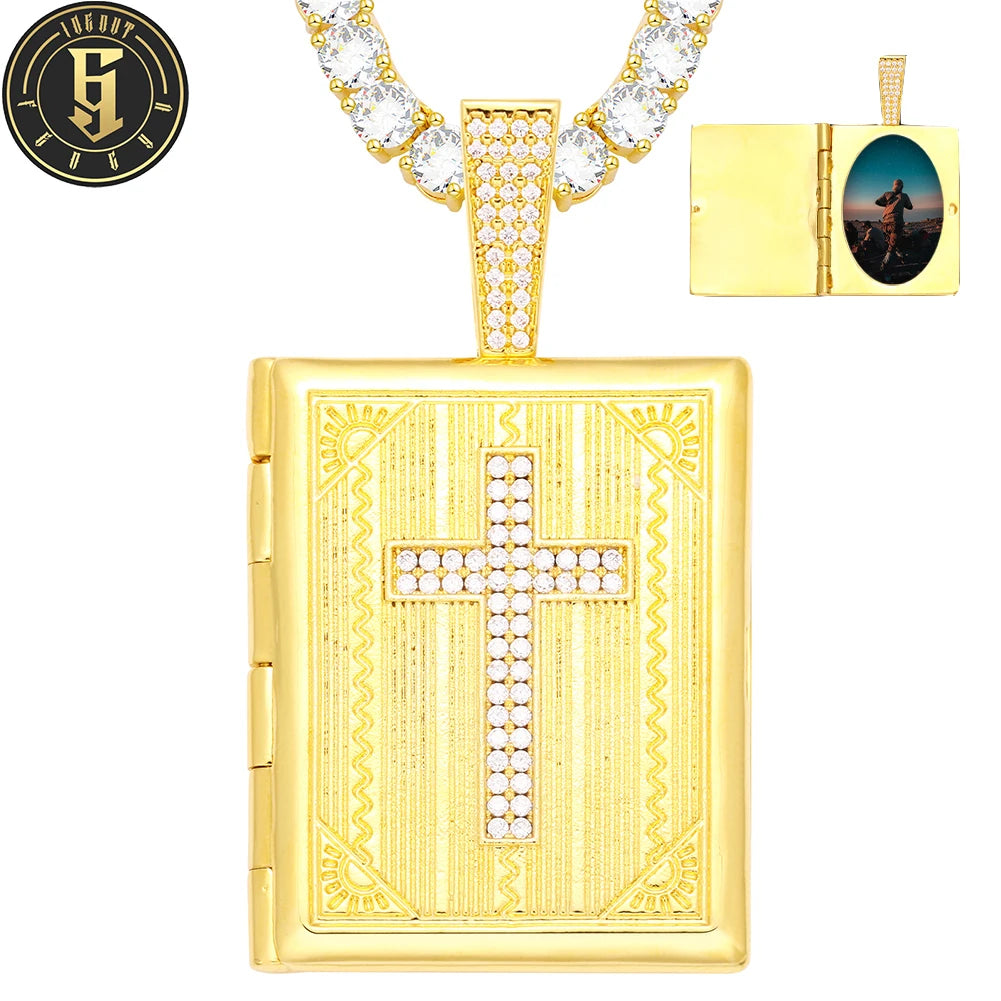Hip Hop Memory Jewelry 36mm Gold Plated Brass 5A CZ Square Geometric Cross Patter Photo Frame Pendant for Men