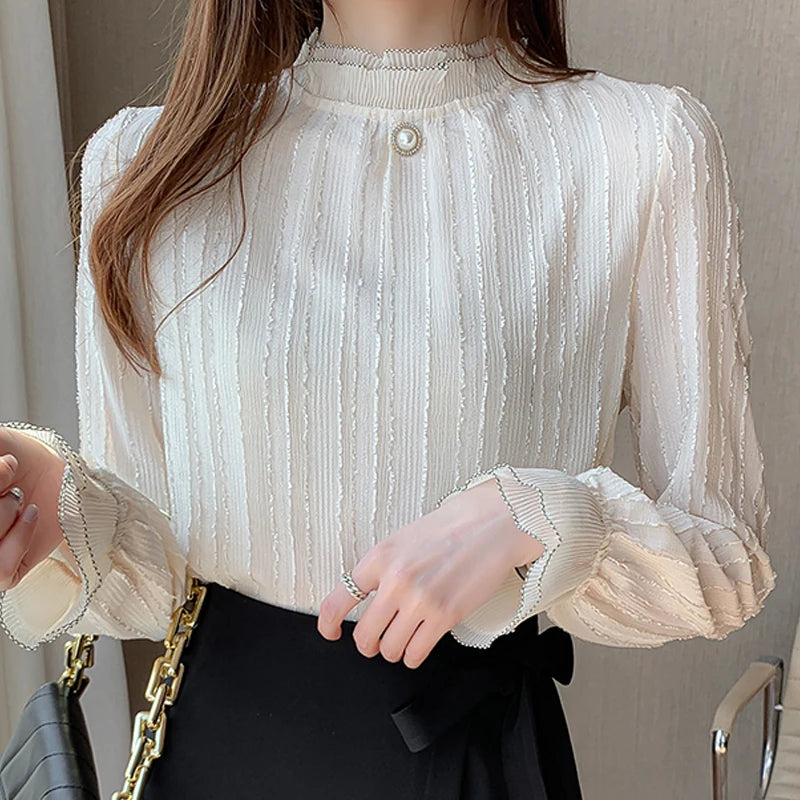 6615# Spring Autumn Women Stand Collar Lace Chiffon Blouse Shirt Tops Long Sleeve Blouse Women Blusas Mujer De Moda