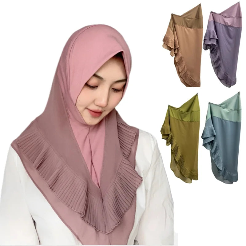 Latest Adult Malaysian Ready to Wear Hijab Khimar 2 Layers Chiffon Plain Ladies Muslim Women Premium Tudung Ruffle Instant Hijab