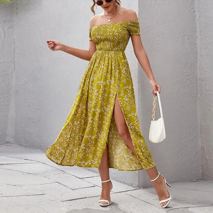 Wholesale Spring Summer Off Shoulder Floral Print Shirred  Dress Boho Short Sleeve 100% Rayon Long Dress Women