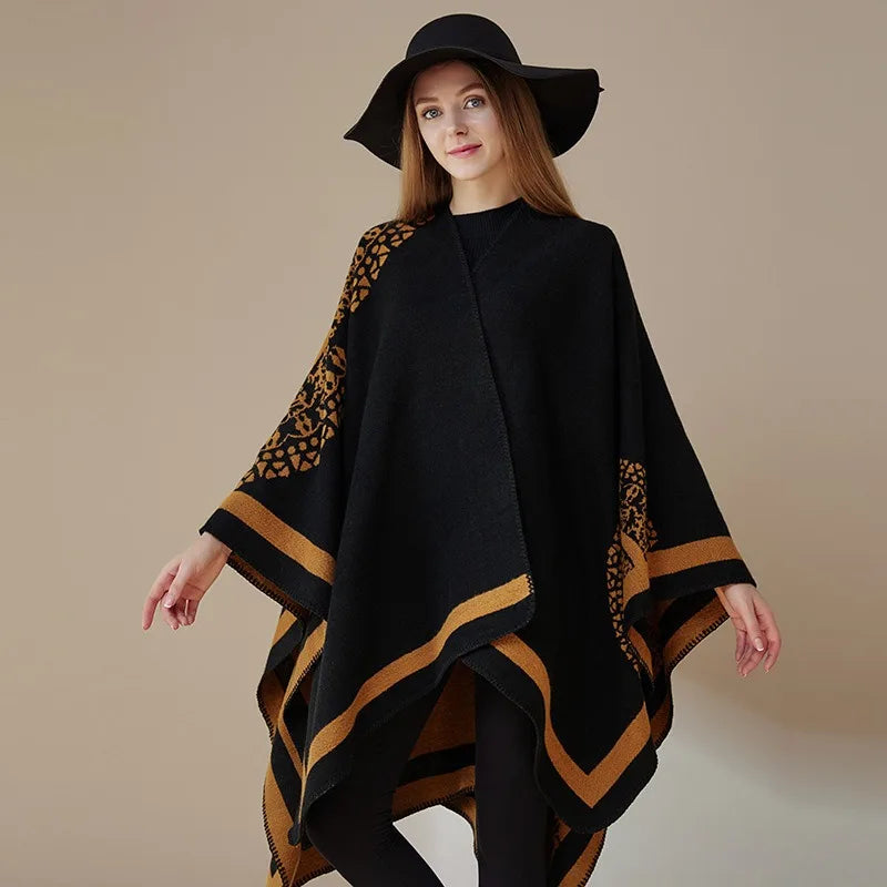 Ethnic Style Tourist Shawl Solid Color Imitation Cashmere Large Cloak With Scarf Thickened Cloak Slits to Keep Warm Big Shawl