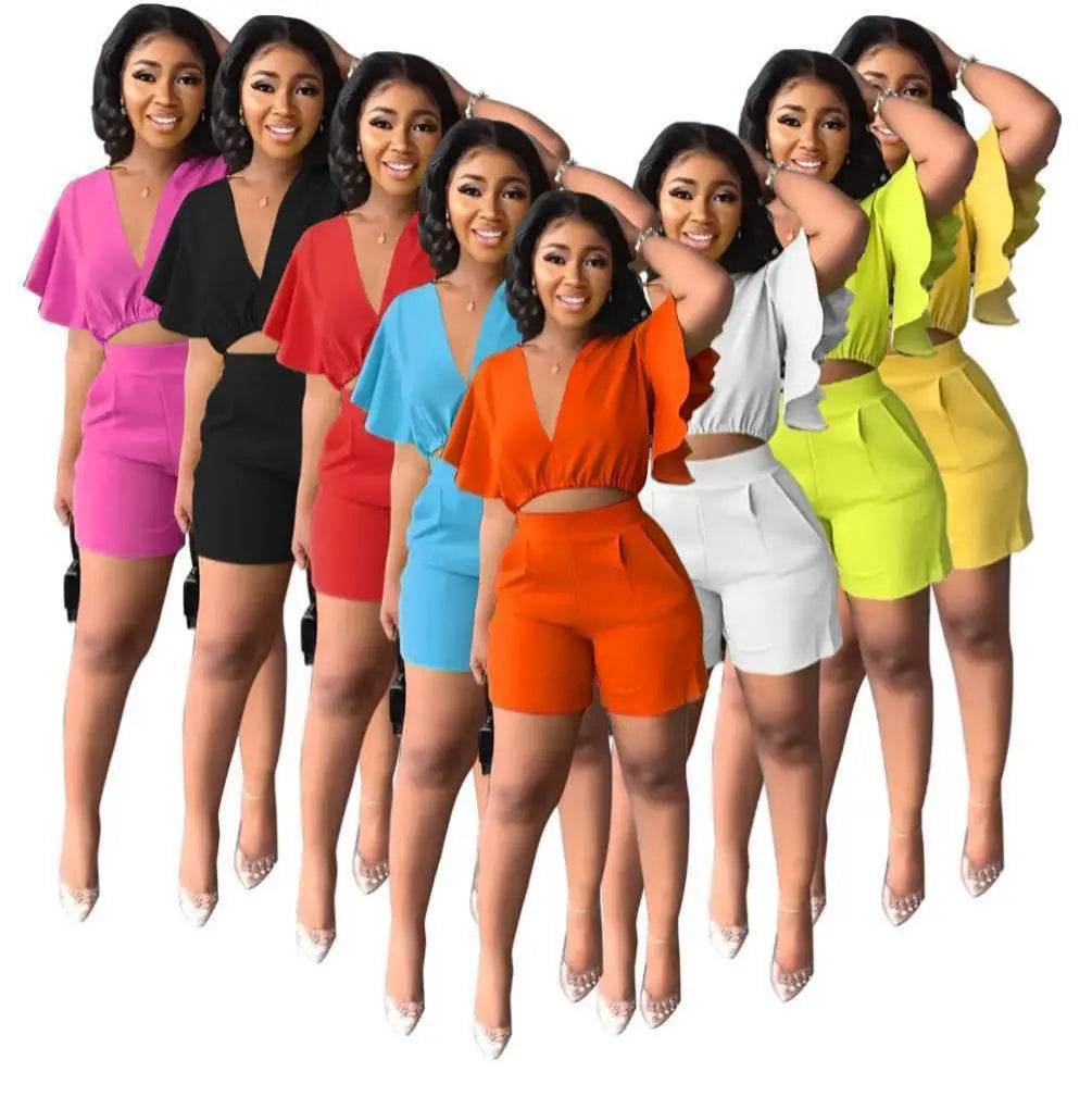 Spring Summer Fashion Two-piece Set Women's Solid Color Ruffled Short V-neck Top Casual Shorts Casual Set Women