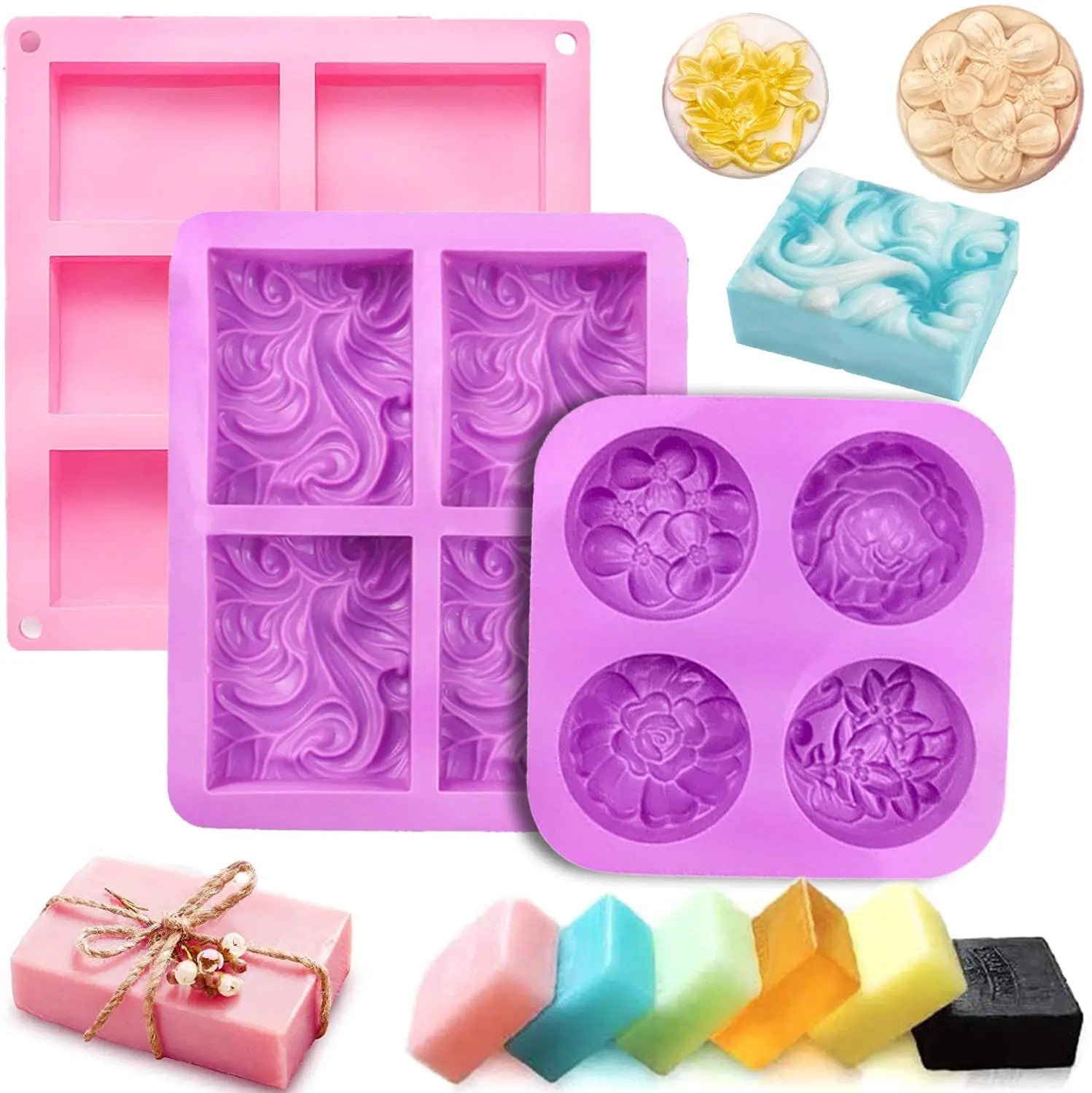 100% Factory Custom 6 Cavity Silicone Soap Mold Rectangle Oval and Flower Shapes Ocean Wave Soap Molds Cake Tools