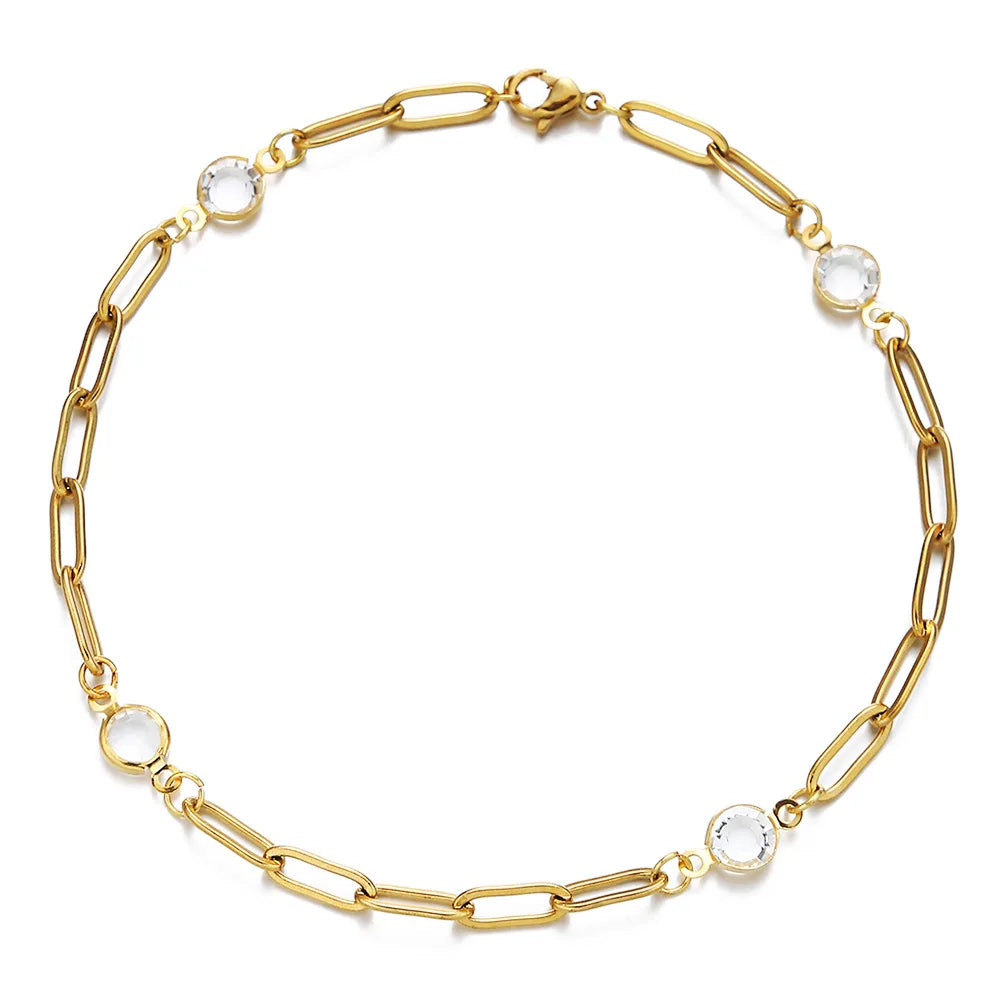 Hot Sale 18k Gold Plated 316L Stainless Steel Crystal Cubic Zirconia Paper Clip Link Chain Bangle Bracelet for Women YF3419