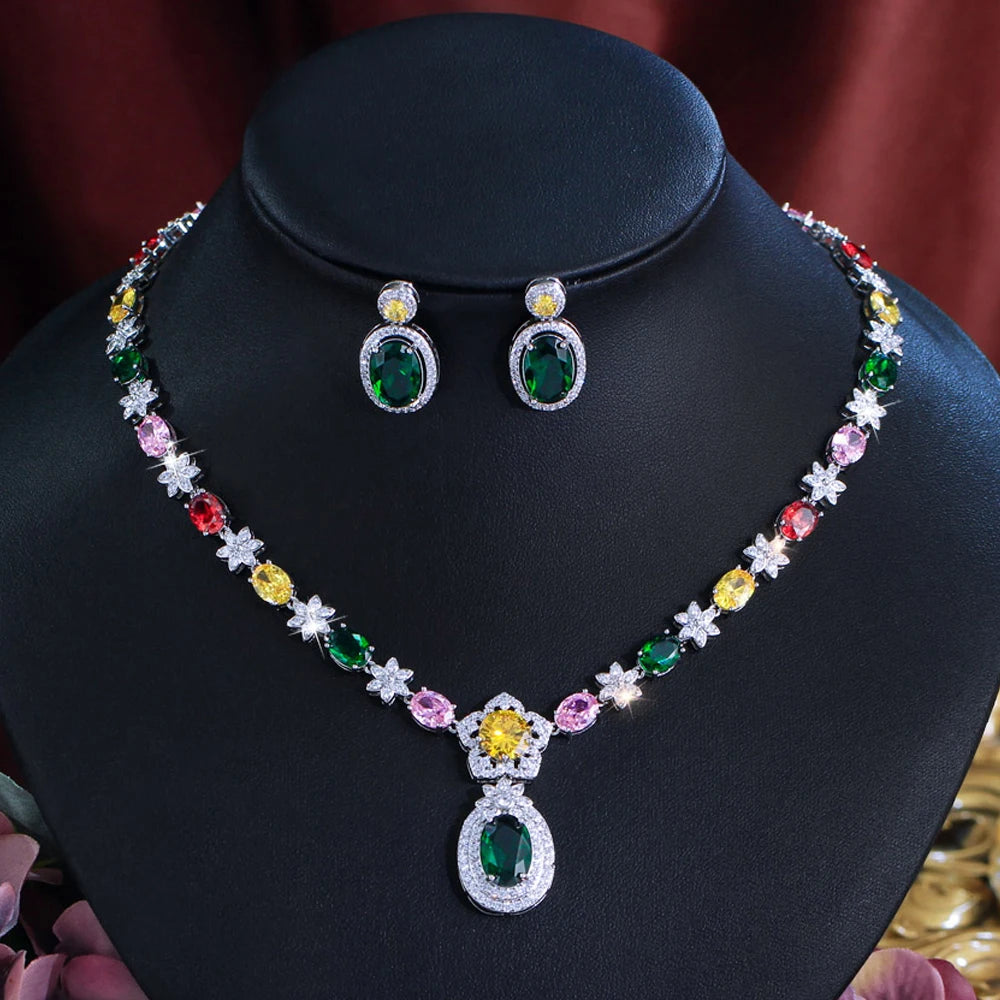Fashion Shiny CZ Cubic Zirconia Elegant Design Necklace and Earrings Engagement Wedding Bridal Colorful Jewelry Set for Women