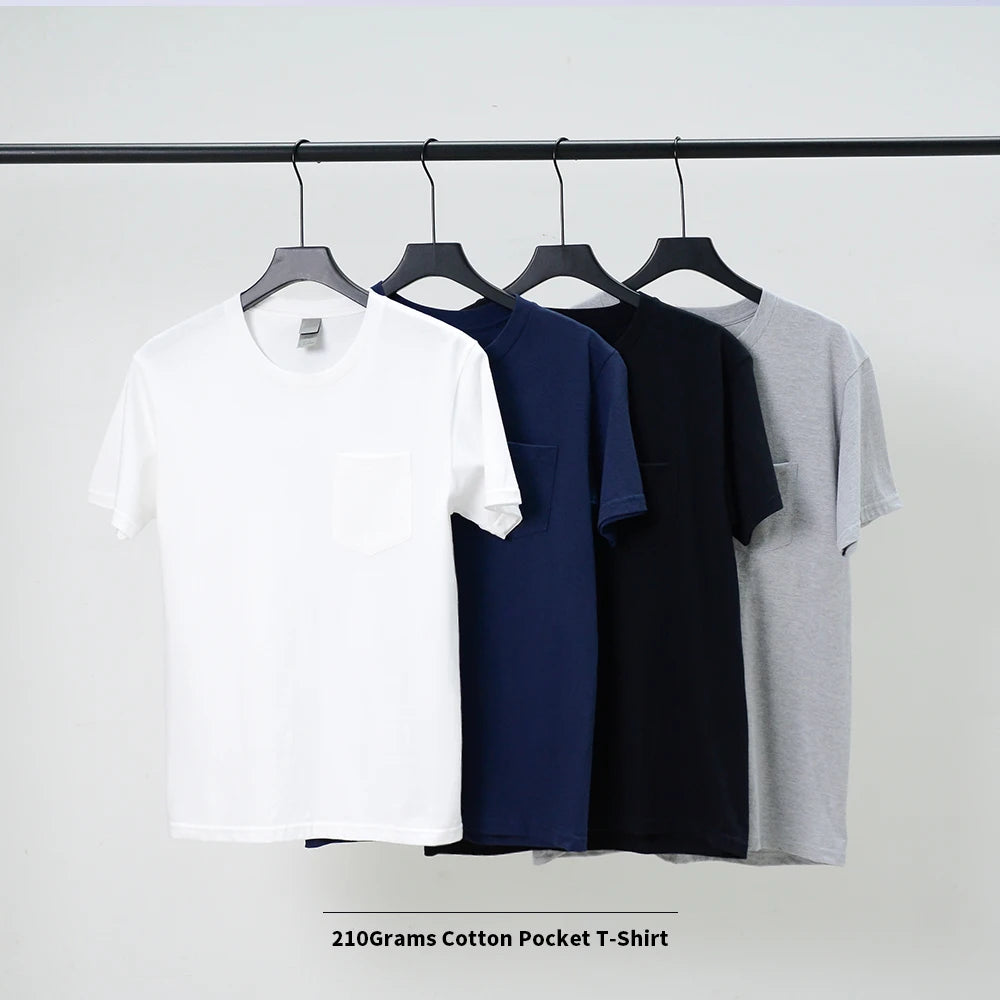 Custom Logo 2024 Pocket Short Sleeve 210gsm T-shirt Men Clothes Casual Men's 100%Cotton Streetwear T-shirts
