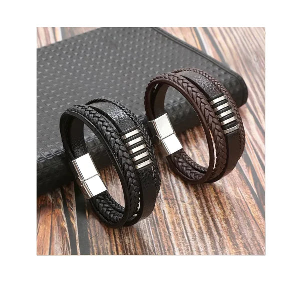 Multi-Layer Stainless Steel Black Leather Bracelet Jewelry Handmade Braided Magnetic Clasp Mens Leather Bracelet