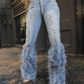 Fashionable High-Waisted Women Pearl Bell Bottom Jeans Fluffy Feather Ripped Stretch Straight Leg Distressed Denim Pants