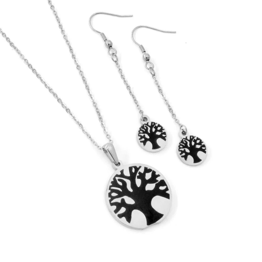 Stainless Steel Lucky Tree of Life Pendant Chain Stud Earring Set Ladies Enamel  Necklace Jewelry Memorial Gift