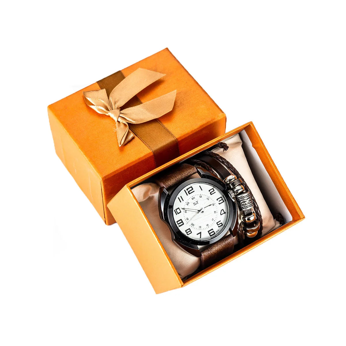Reloj Para Hombre Deportivo Fashion Luxury  Men Leather Cord Charm Bracelet  Simple Quartz Watch and Bracelet Set With Box