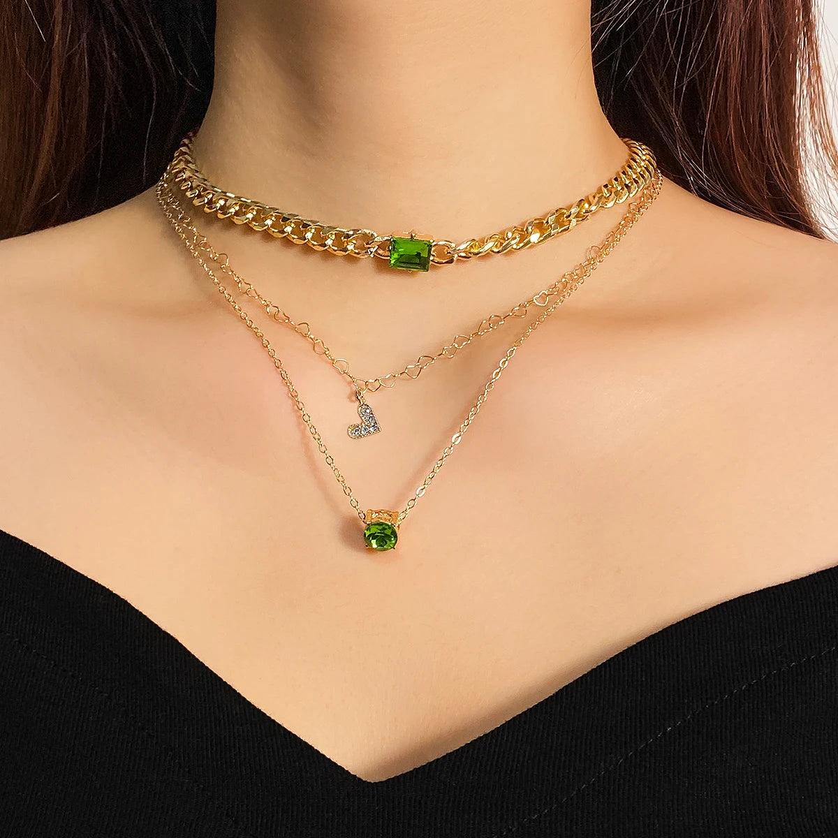 Classic Green Square Diamond Chain Zircon Heart Necklace for Women Jewelry Wholesale