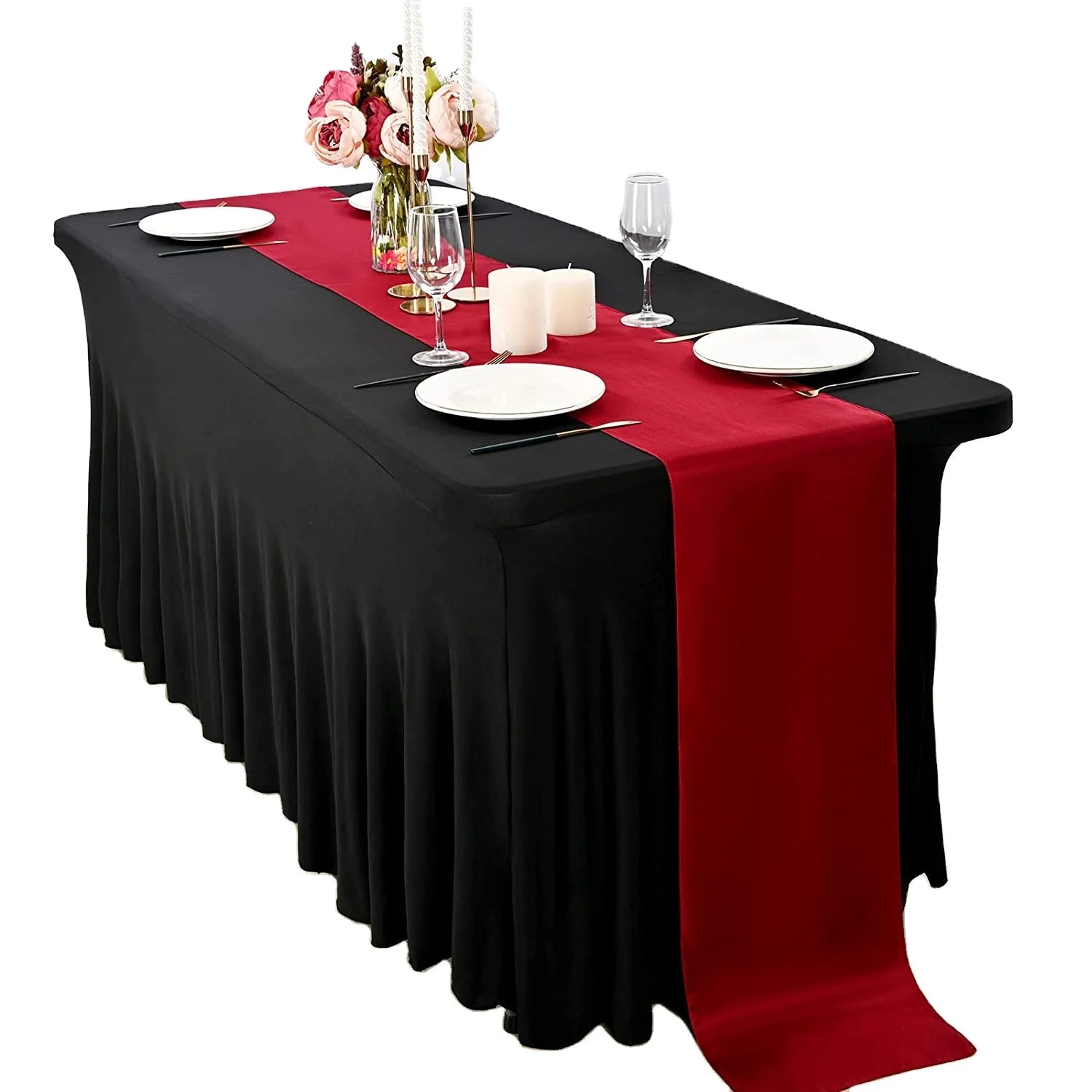 6ft Black Spandex Table Skirts Wrinkle Resistant Fabric Table Skirt Fitted Stretch Tablecloth Rectangle Stretch Tables Covers