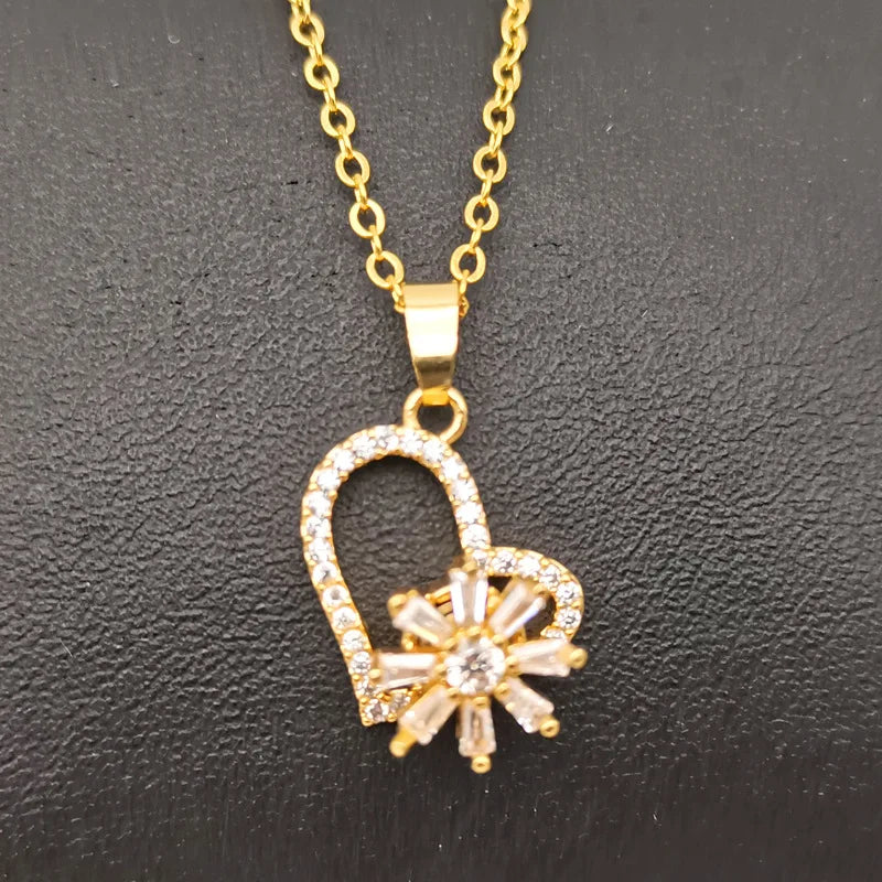 Collar Girasol Giratorio Gold Plated Flower Heart Pendant Stress Relief Necklace Crystal Stainless Steel Flower Heart Necklace