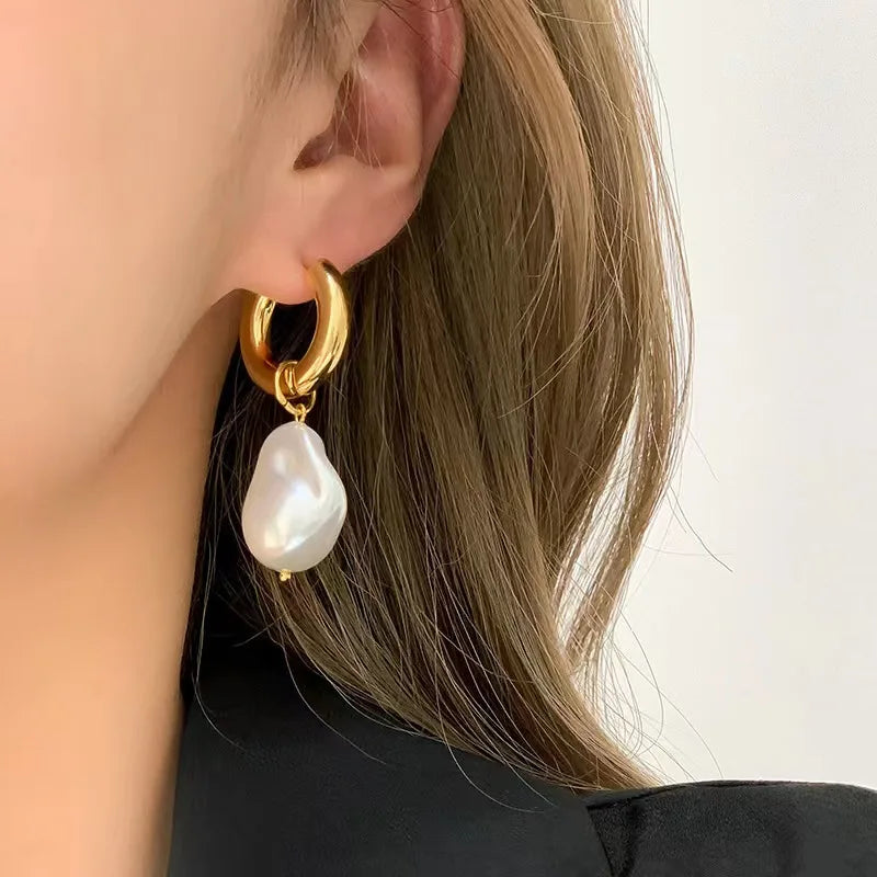 KJ Wholesale 18K Gold Plated Stainless Steel Retro Baroque Pearl Drop Earrings for Women