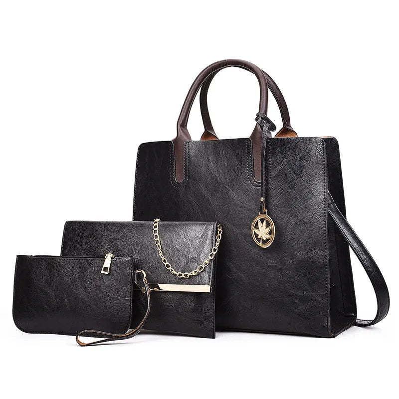 2026 Durable Cross-Body or Hand-Held French Fashion PU Leather Bucket Bag Sets 3 Piece Handbag Set