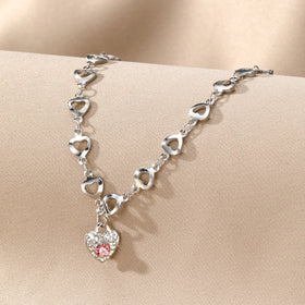VKME Fashion Hollow Heart Pink Zircon Necklace for Women Jewelry